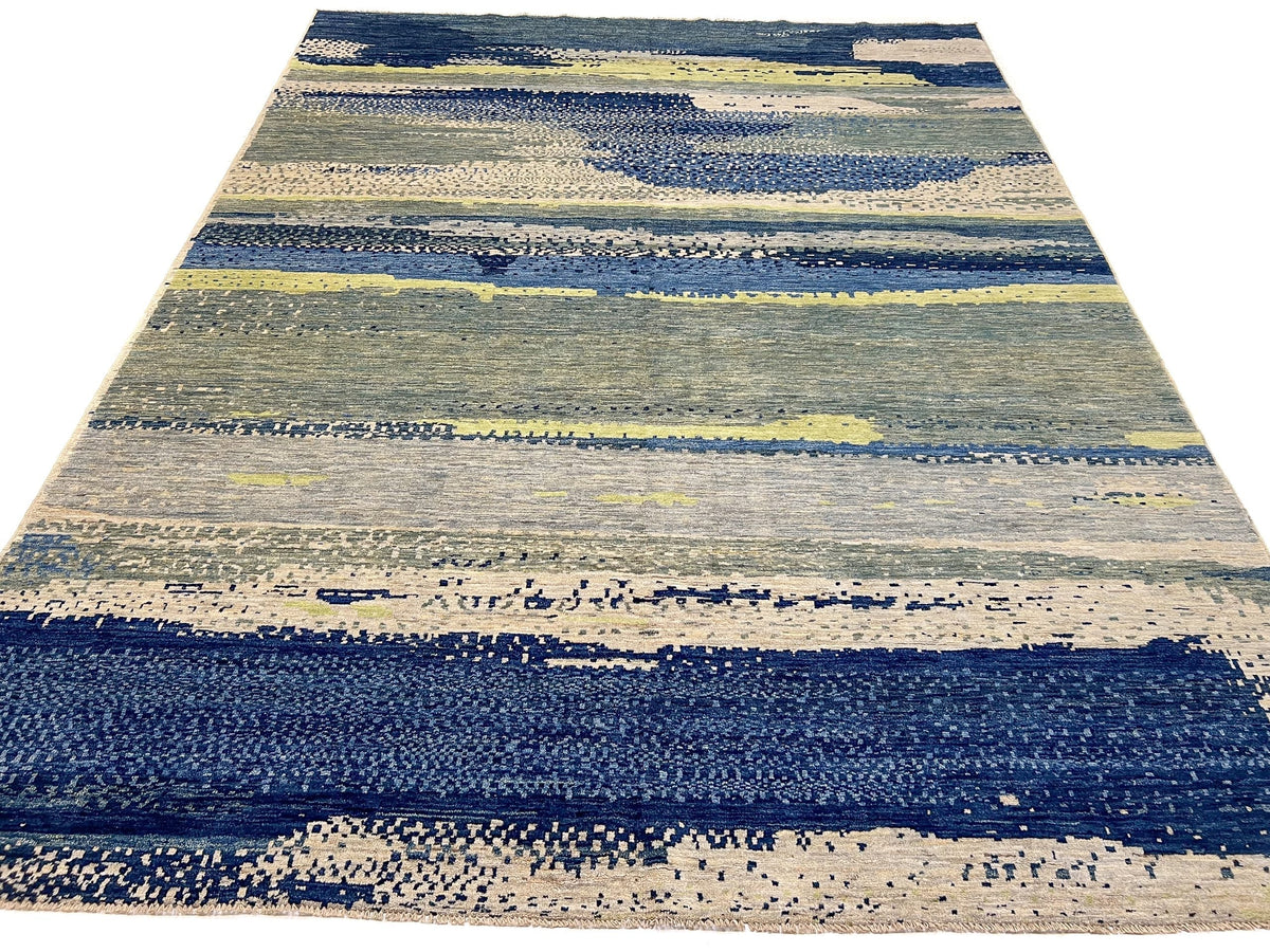 Modern Afghan Gabbeh (9'02"x12'01") blues/green