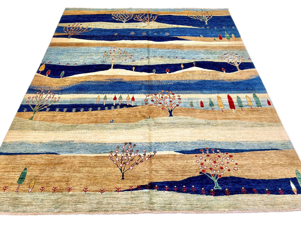 Scenic Afghan Gabbeh (8'00"x9'07") blue/sand/ivory