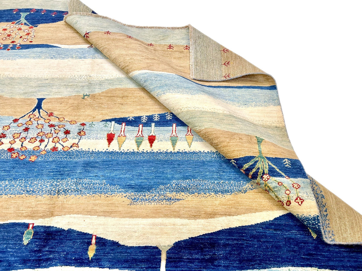 Scenic Afghan Gabbeh (8'00"x9'07") blue/sand/ivory