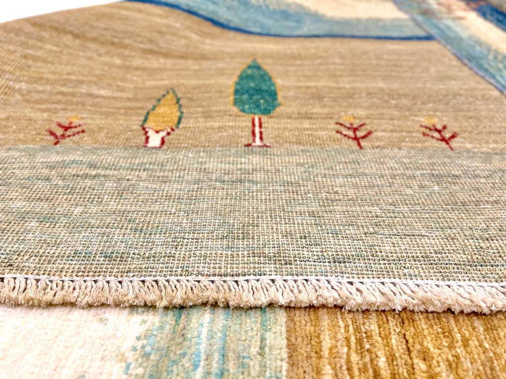Scenic Afghan Gabbeh (8'00"x9'07") blue/sand/ivory