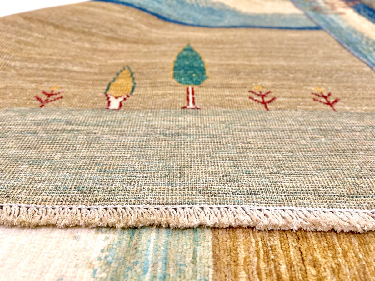 Scenic Afghan Gabbeh (8'00"x9'07") blue/sand/ivory