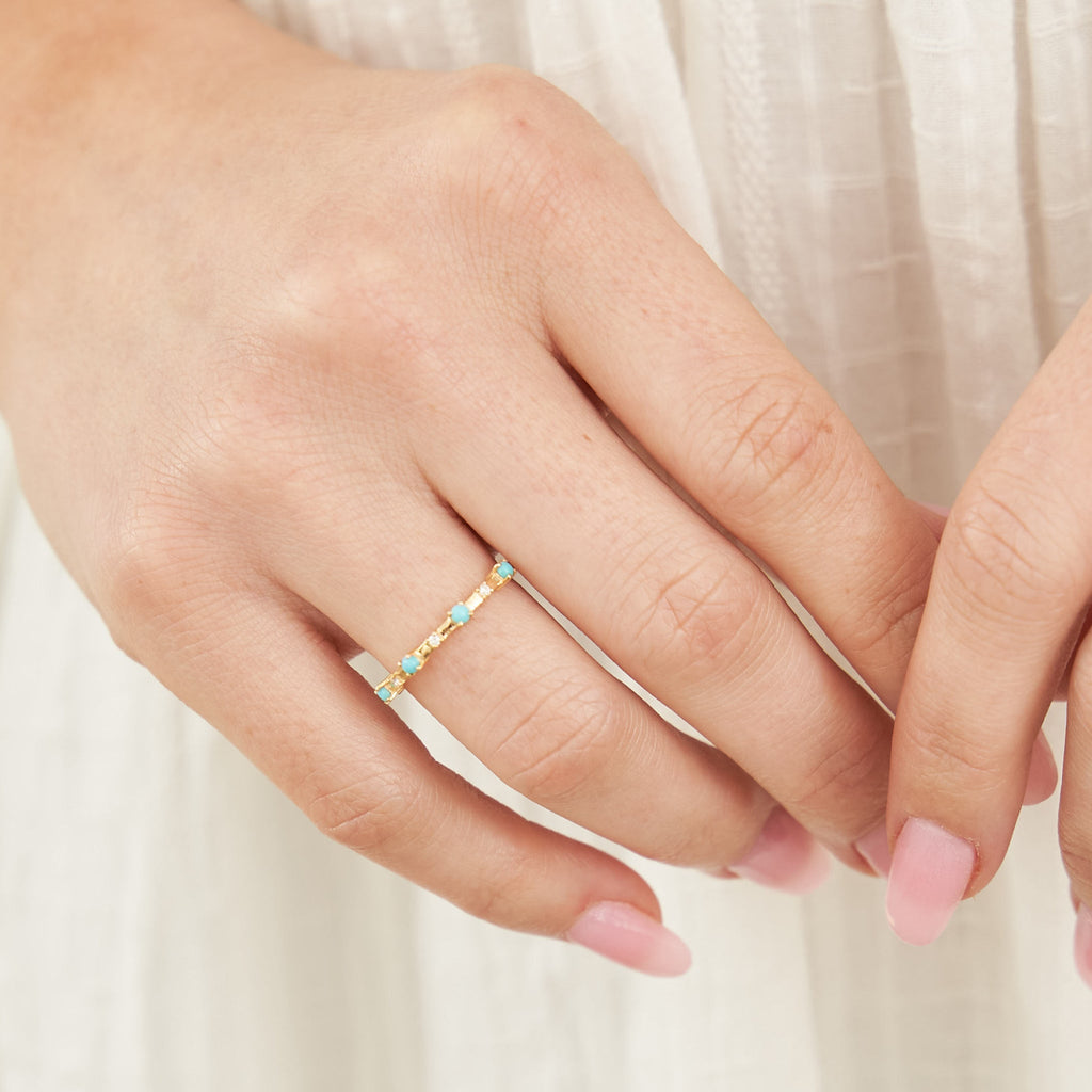 Alyssa 14K Gold Turquoise Dainty Ring with White Diamonds - Shop Avnu