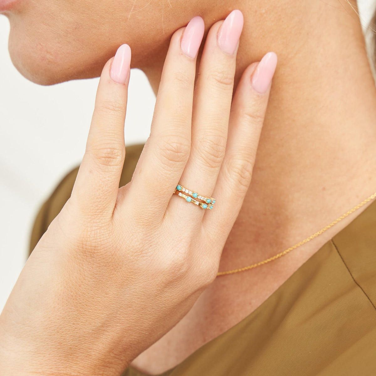 Alyssa 14K Gold Turquoise Dainty Ring with White Diamonds - Shop Avnu