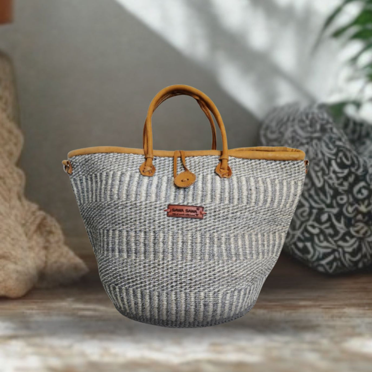 Ash Wisdom Striped Handwoven Sisal Straw Basket Tote