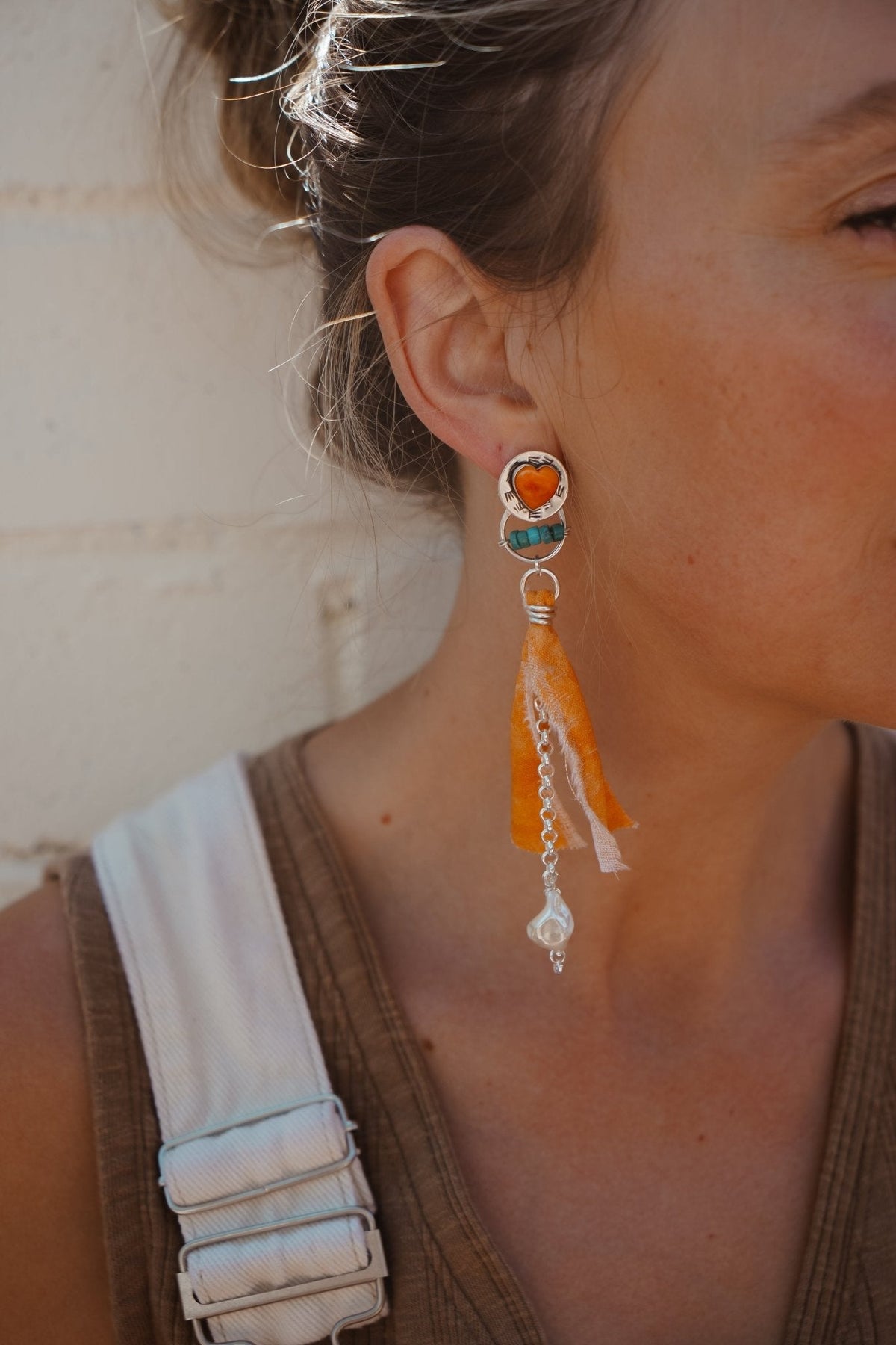 Earrings in Spiny Oyster Hearts and pearl beads