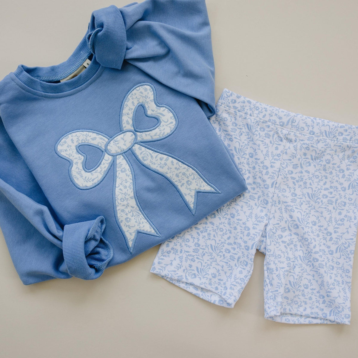 Blue Toile Applique Bow: Baby Sweatshirt Romper or Crewneck - Shop Avnu