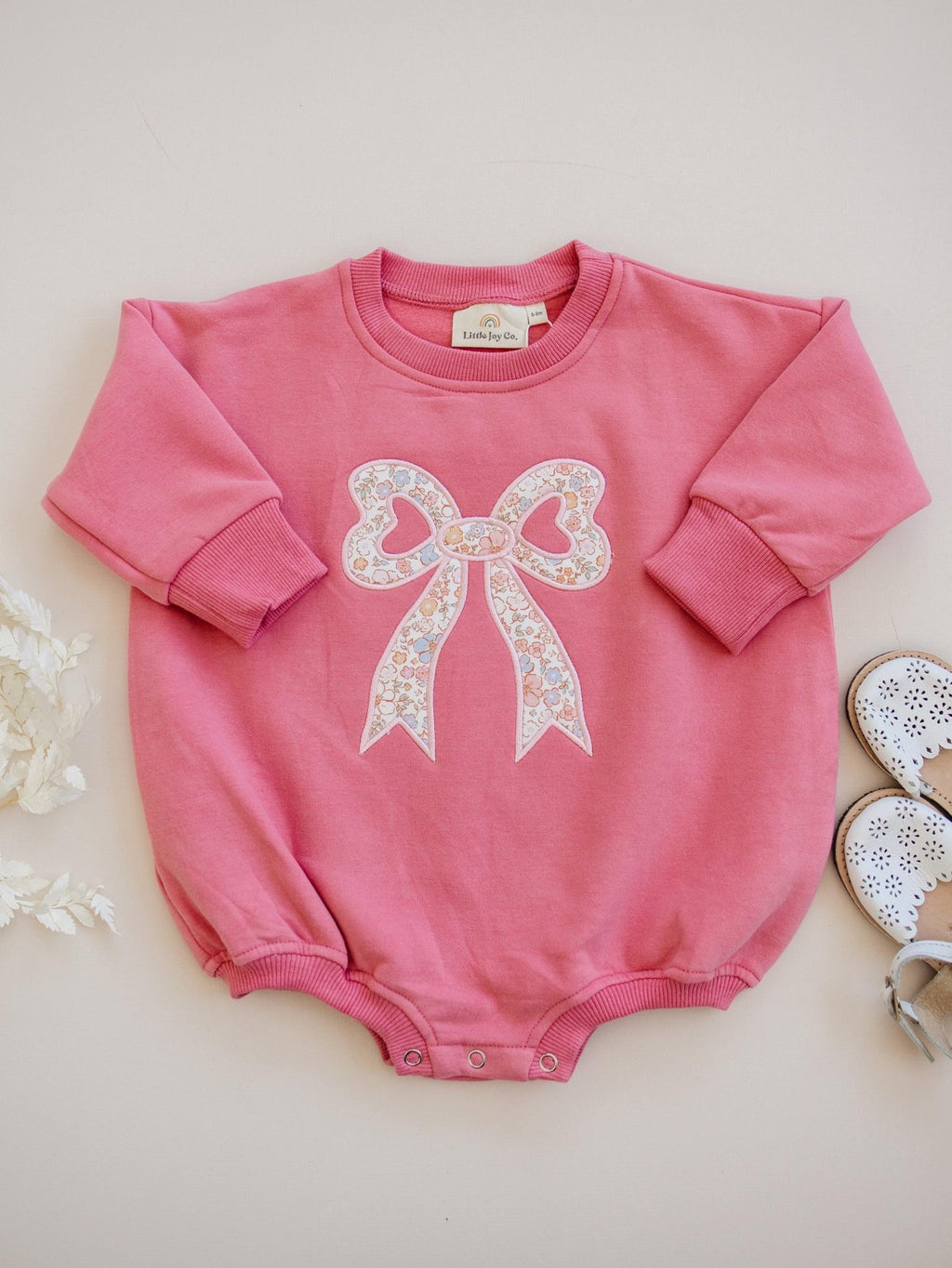 Pink Baby Romper: Floral Bow Applique Sweatshirt Outfit - Shop Avnu