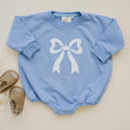 Blue Toile Applique Bow: Baby Sweatshirt Romper or Crewneck - Shop Avnu
