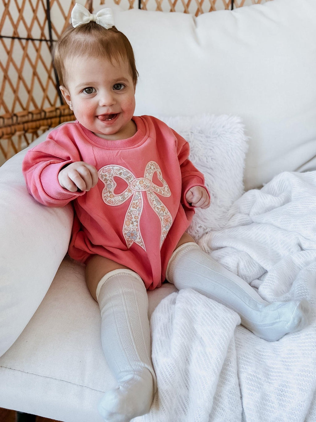 Pink Baby Romper: Floral Bow Applique Sweatshirt Outfit - Shop Avnu