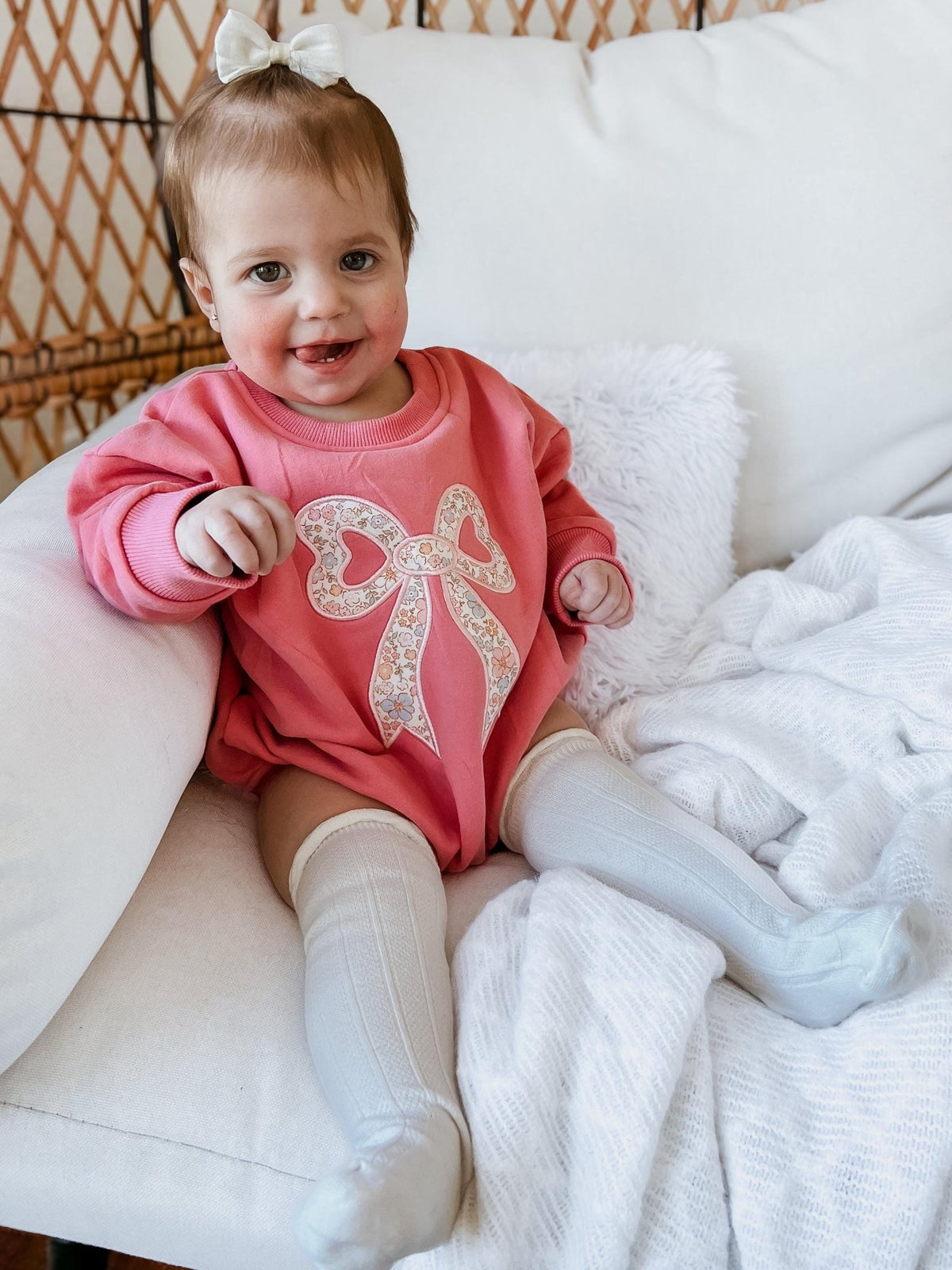 Pink Baby Romper: Floral Bow Applique Sweatshirt Outfit - Shop Avnu