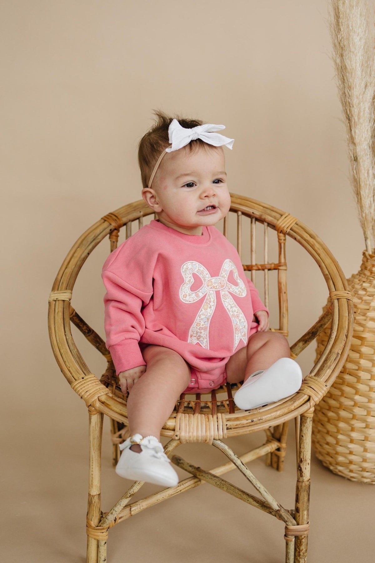 Pink Baby Romper: Floral Bow Applique Sweatshirt Outfit - Shop Avnu