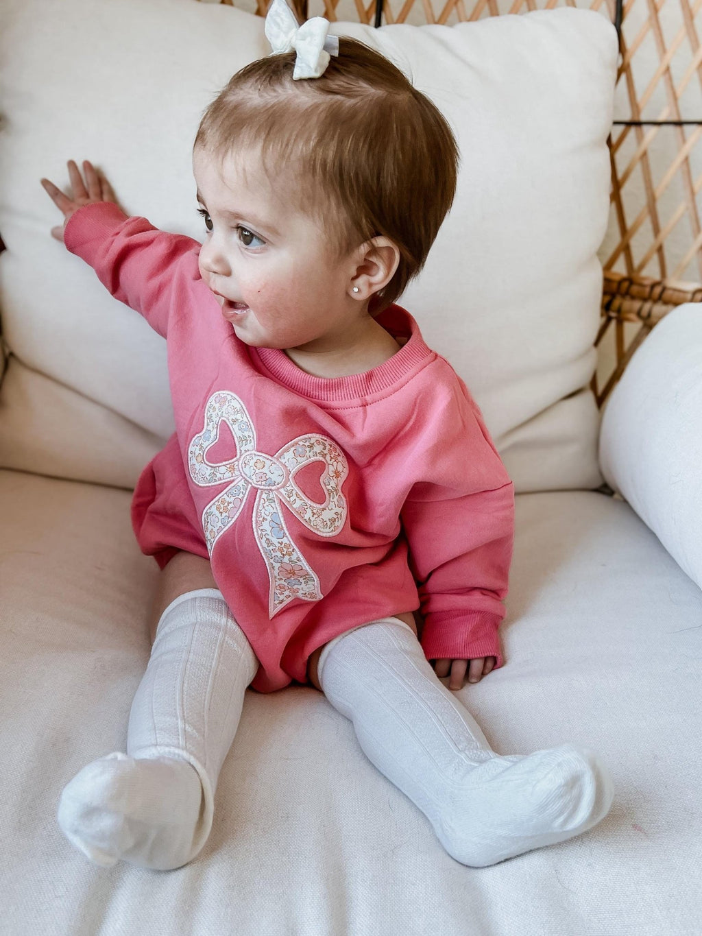 Pink Baby Romper: Floral Bow Applique Sweatshirt Outfit - Shop Avnu