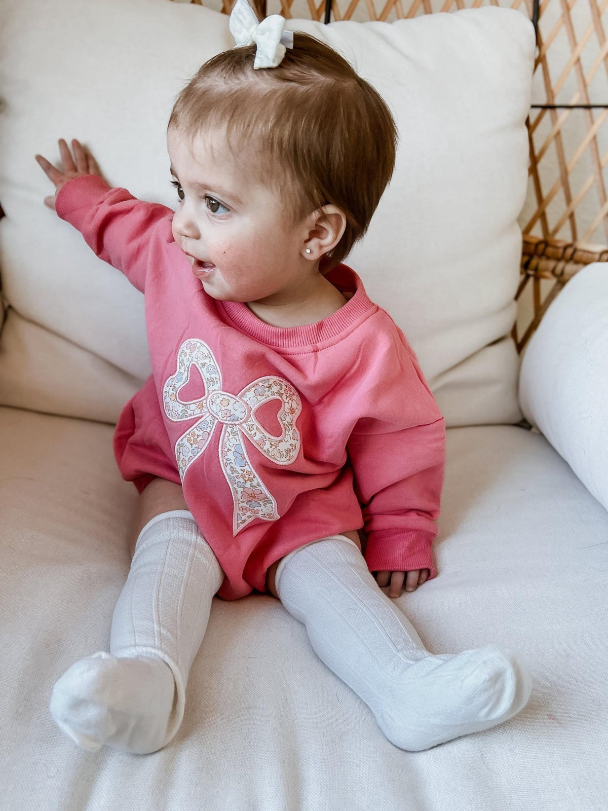 Pink Baby Romper: Floral Bow Applique Sweatshirt Outfit - Shop Avnu