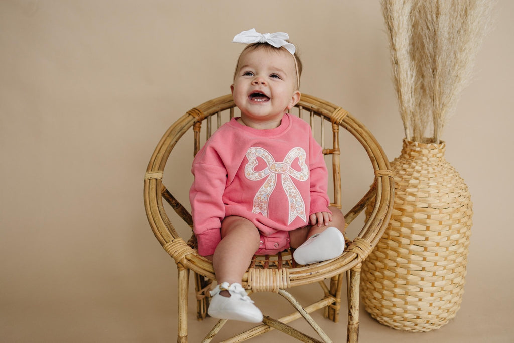 Pink Baby Romper: Floral Bow Applique Sweatshirt Outfit - Shop Avnu