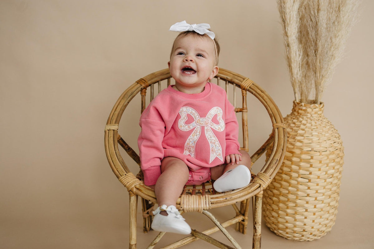 Pink Baby Romper: Floral Bow Applique Sweatshirt Outfit - Shop Avnu
