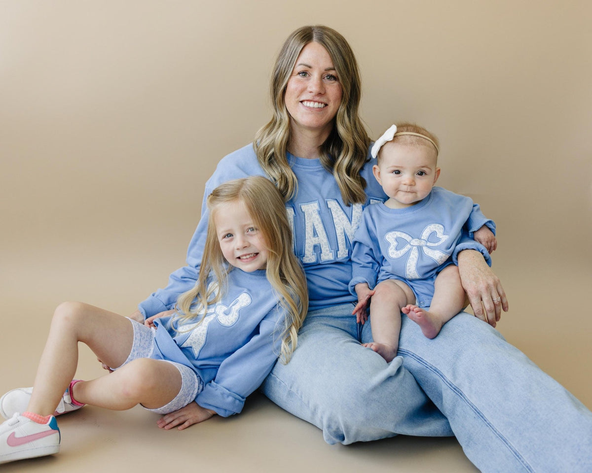 Blue Toile Applique Bow: Baby Sweatshirt Romper or Crewneck - Shop Avnu