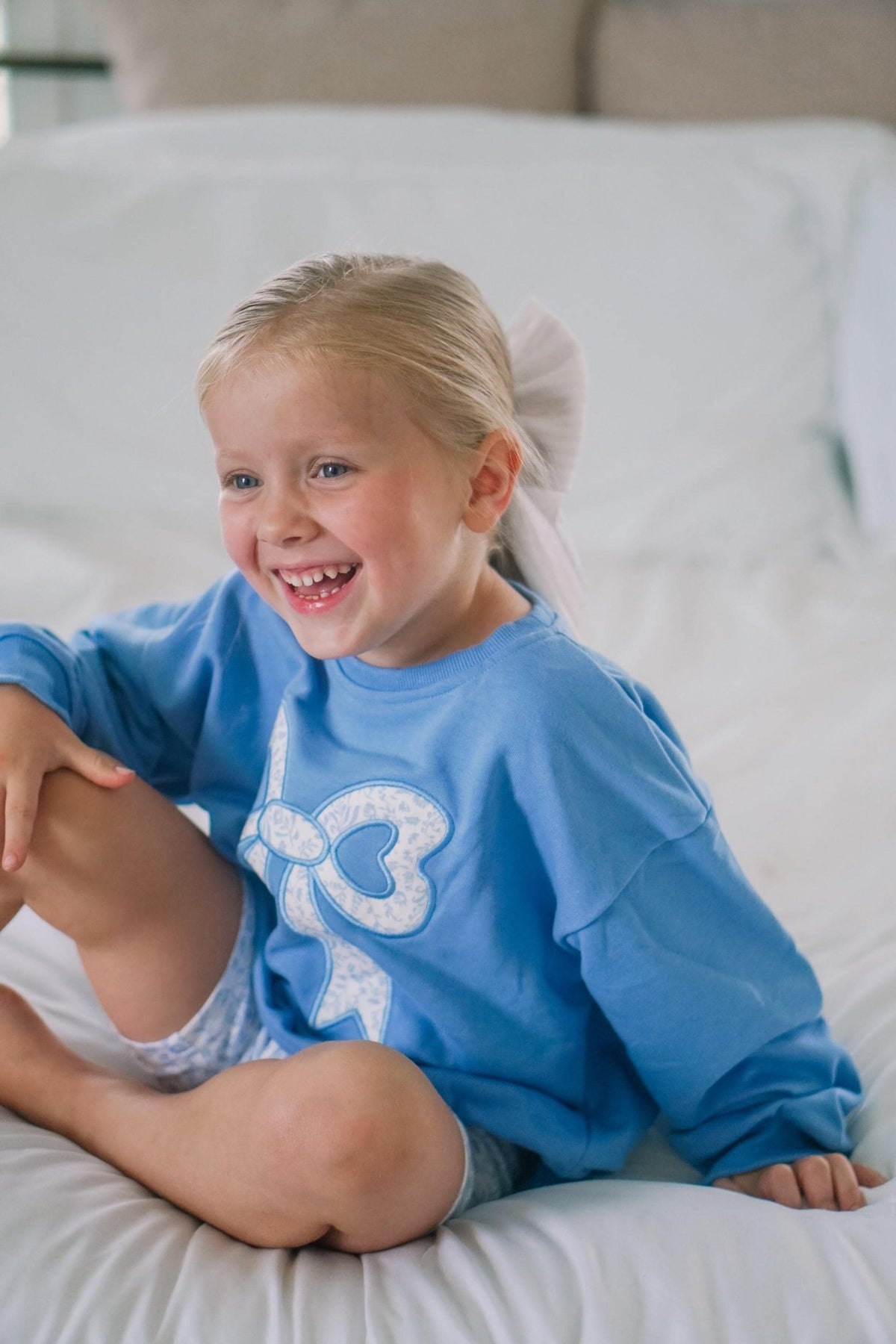 Blue Toile Applique Bow: Baby Sweatshirt Romper or Crewneck - Shop Avnu