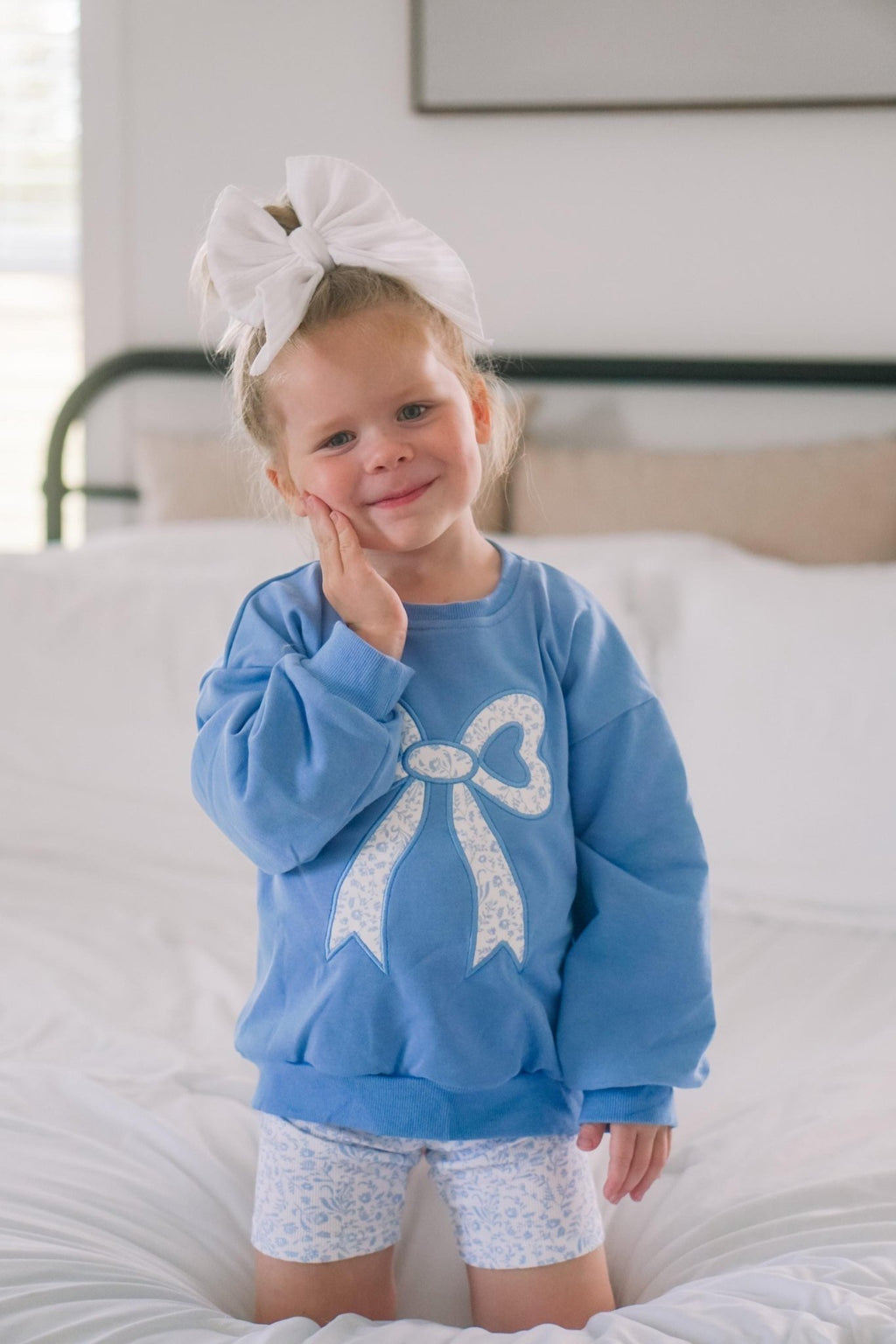 Blue Toile Applique Bow: Baby Sweatshirt Romper or Crewneck - Shop Avnu
