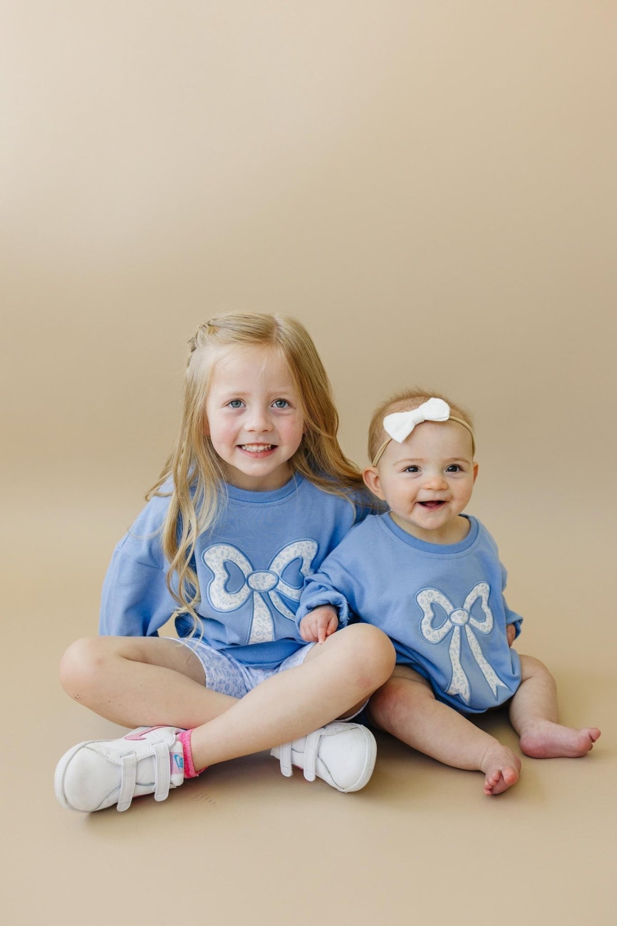 Blue Toile Applique Bow: Baby Sweatshirt Romper or Crewneck - Shop Avnu