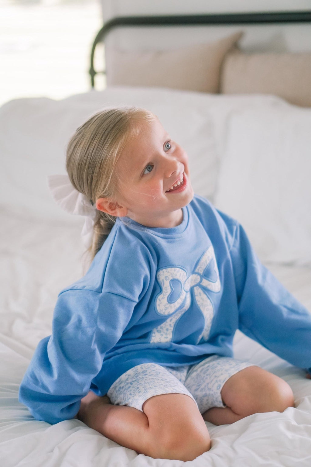 Blue Toile Applique Bow: Baby Sweatshirt Romper or Crewneck - Shop Avnu