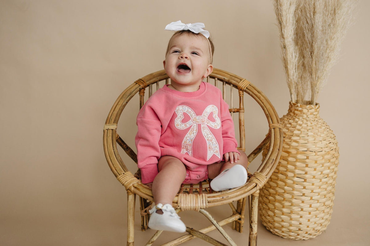 Pink Baby Romper: Floral Bow Applique Sweatshirt Outfit - Shop Avnu