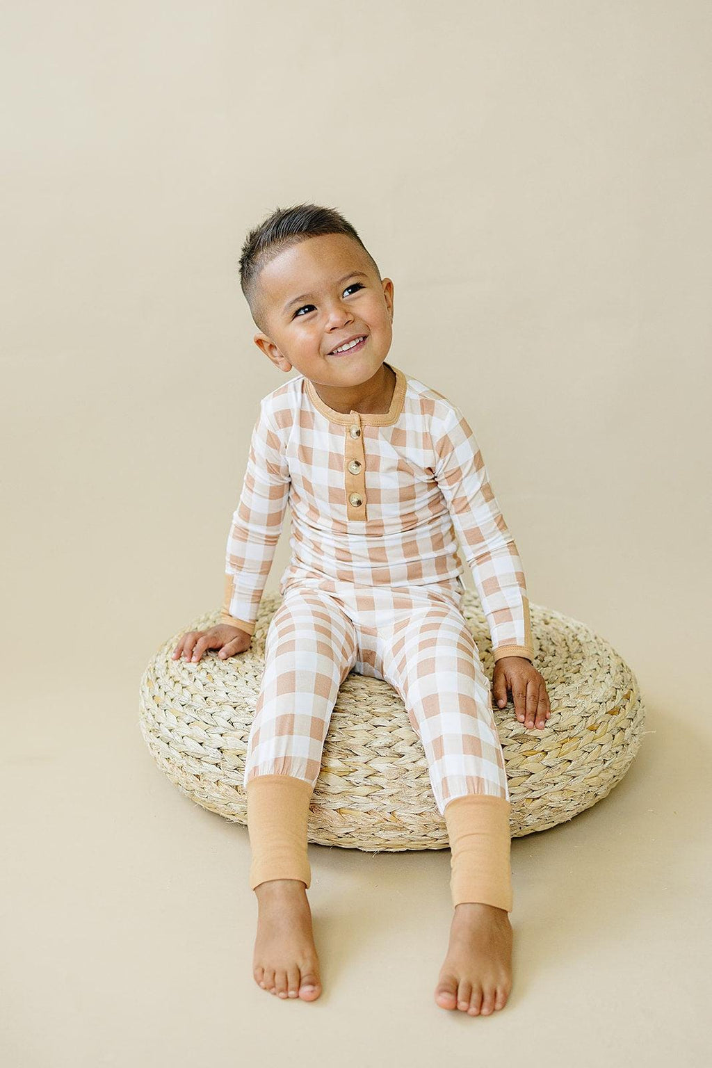 Golden Gingham 2pc Henley Bamboo Pajamas - Fall & Halloween Soft Baby PJs - Shop Avnu