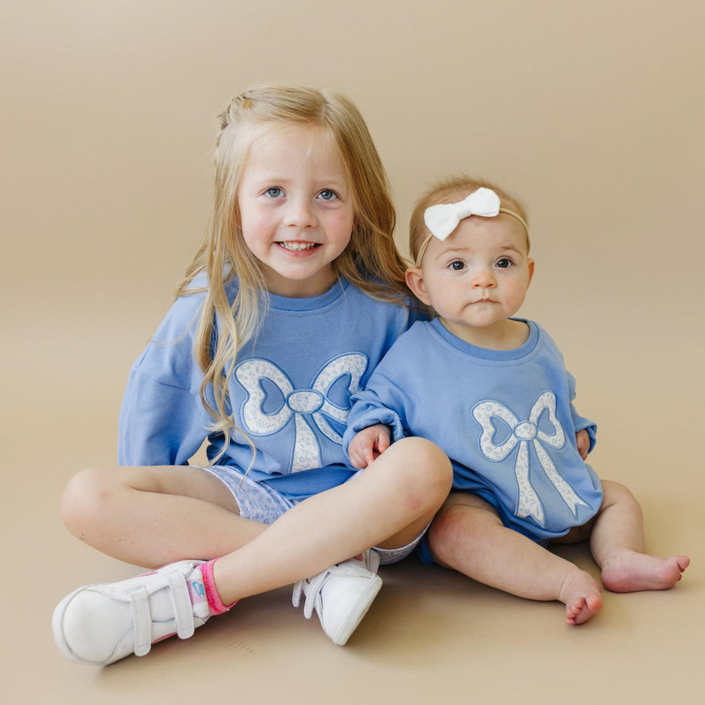Blue Toile Applique Bow: Baby Sweatshirt Romper or Crewneck - Shop Avnu