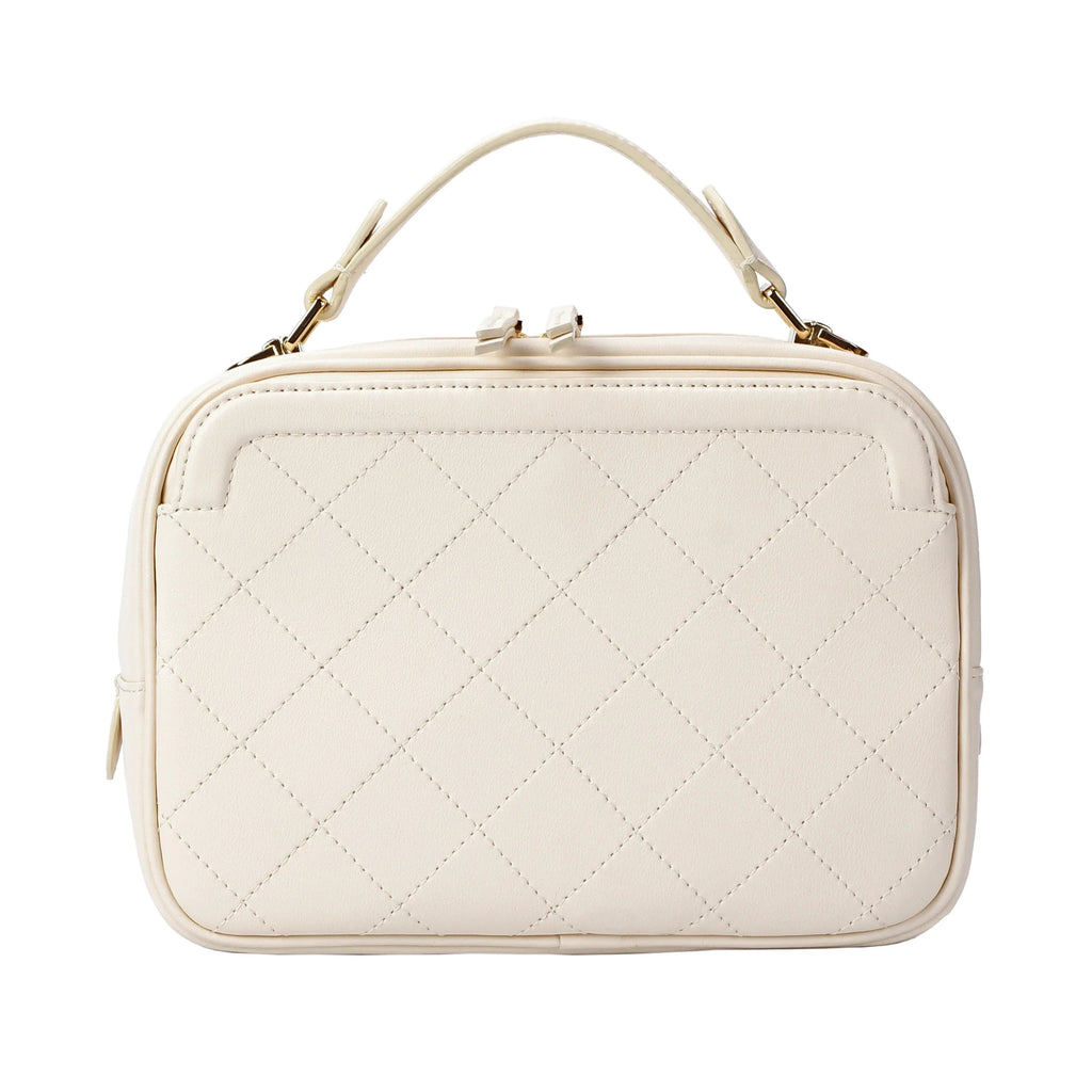 Ivory Quilted Leather Camera Bag with Top Handle and Crossbody Strap