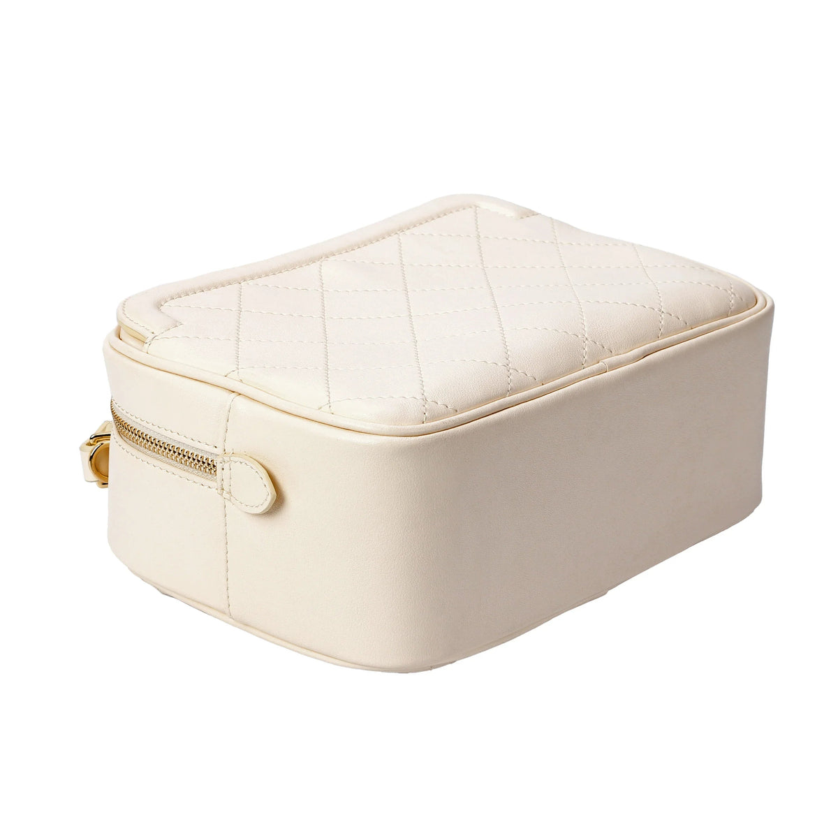 Ivory Quilted Leather Camera Bag with Top Handle and Crossbody Strap
