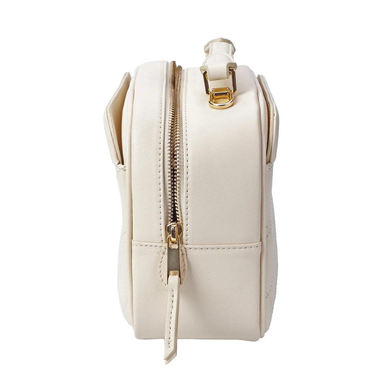 Ivory Quilted Leather Camera Bag with Top Handle and Crossbody Strap