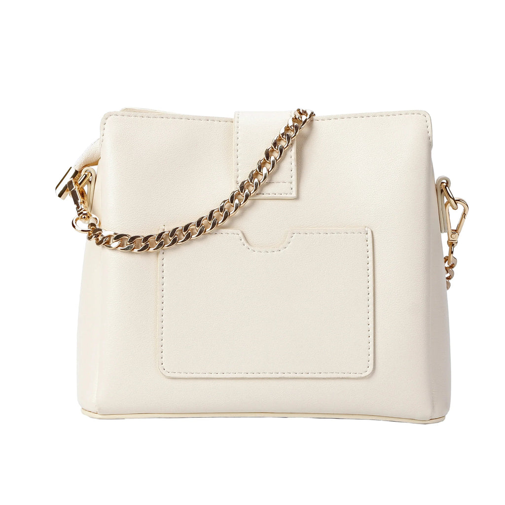 Ivory Quilted Leather Crossbody Bag with Gold Chain Strap