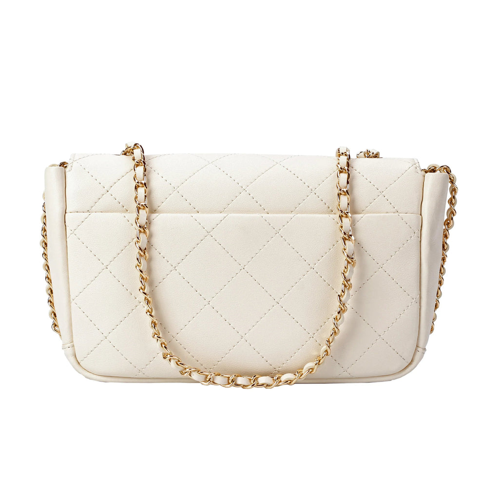 Ivory Quilted Leather Crossbody Bag with Gold Chain Strap