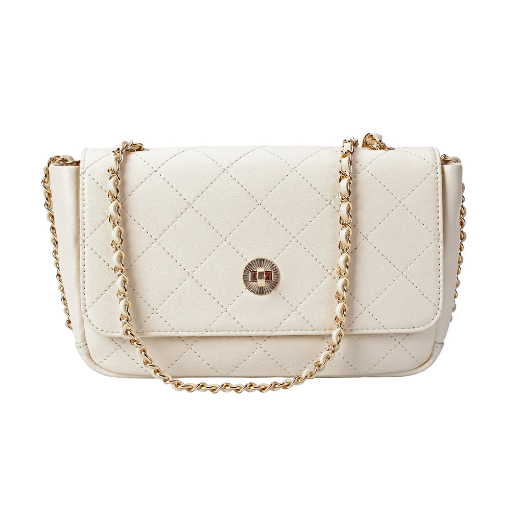 Ivory Quilted Leather Crossbody Bag with Gold Chain Strap