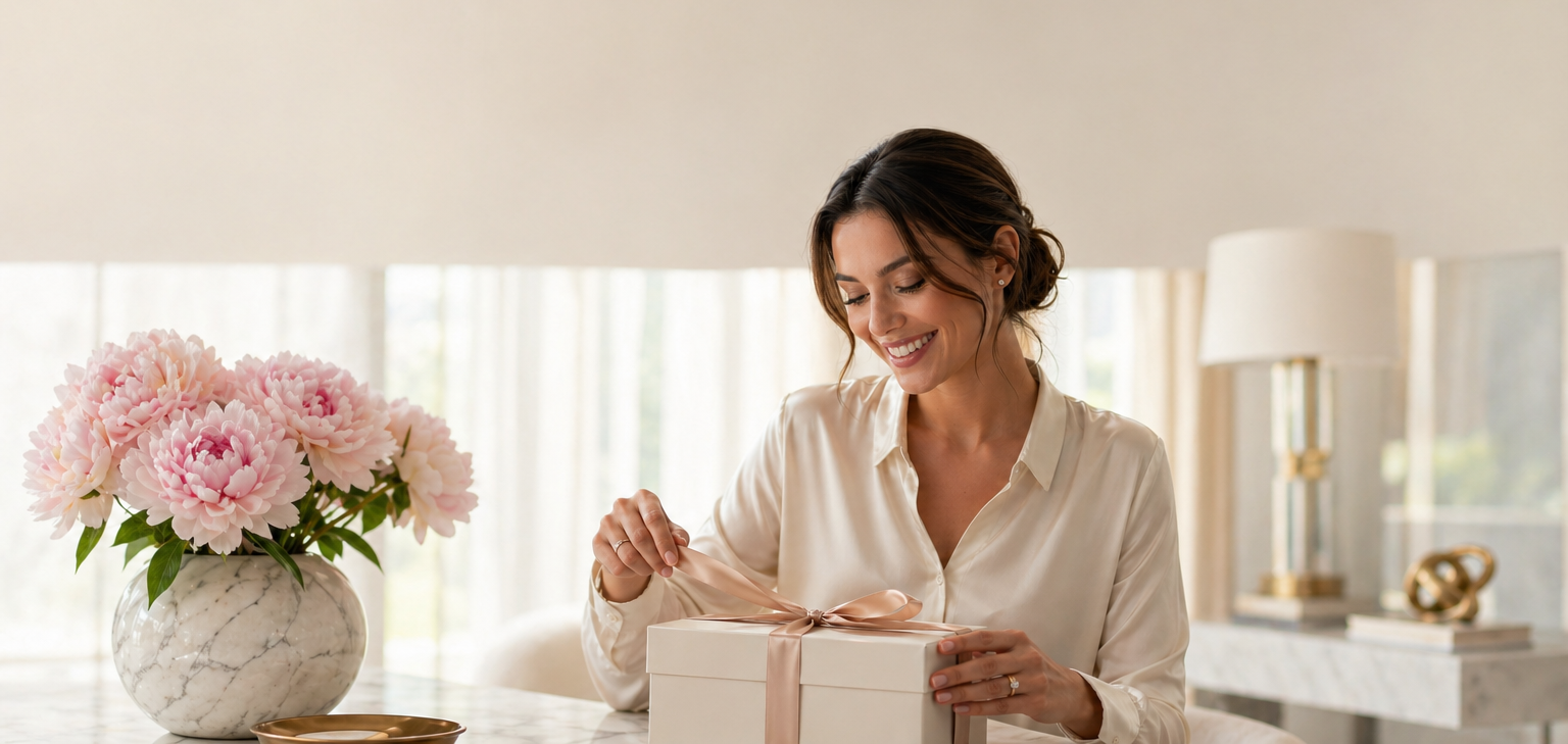 Woman opening a gift box in a bright, elegant room with flowers and decor.