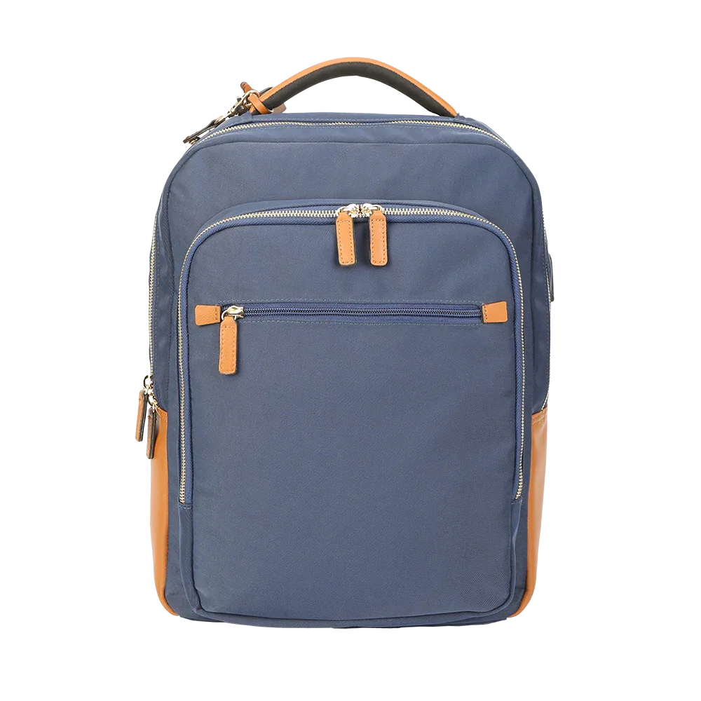 Nylon & Leather Laptop Backpack – Navy with Brown Trim (16")