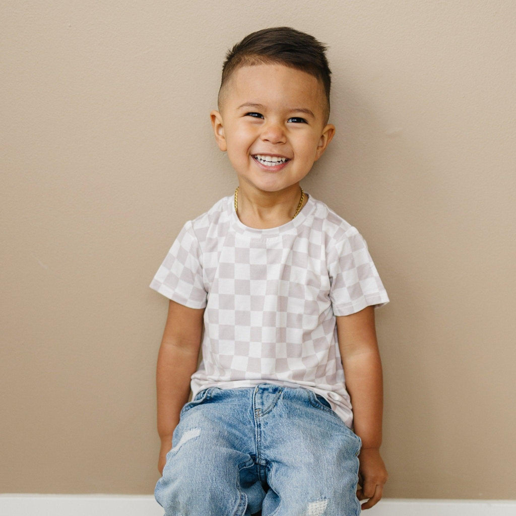 Neutral Checkered Bamboo Tee *Sizes 3/6m & sz 6 left - Shop Avnu