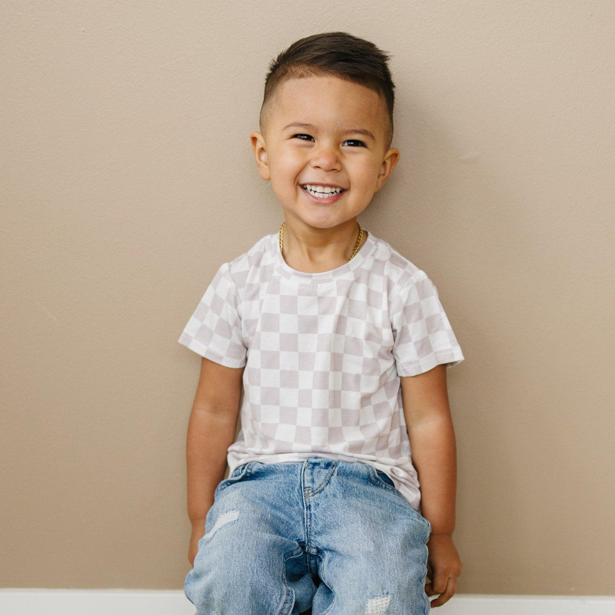 Neutral Checkered Bamboo Tee *Sizes 3/6m & sz 6 left - Shop Avnu