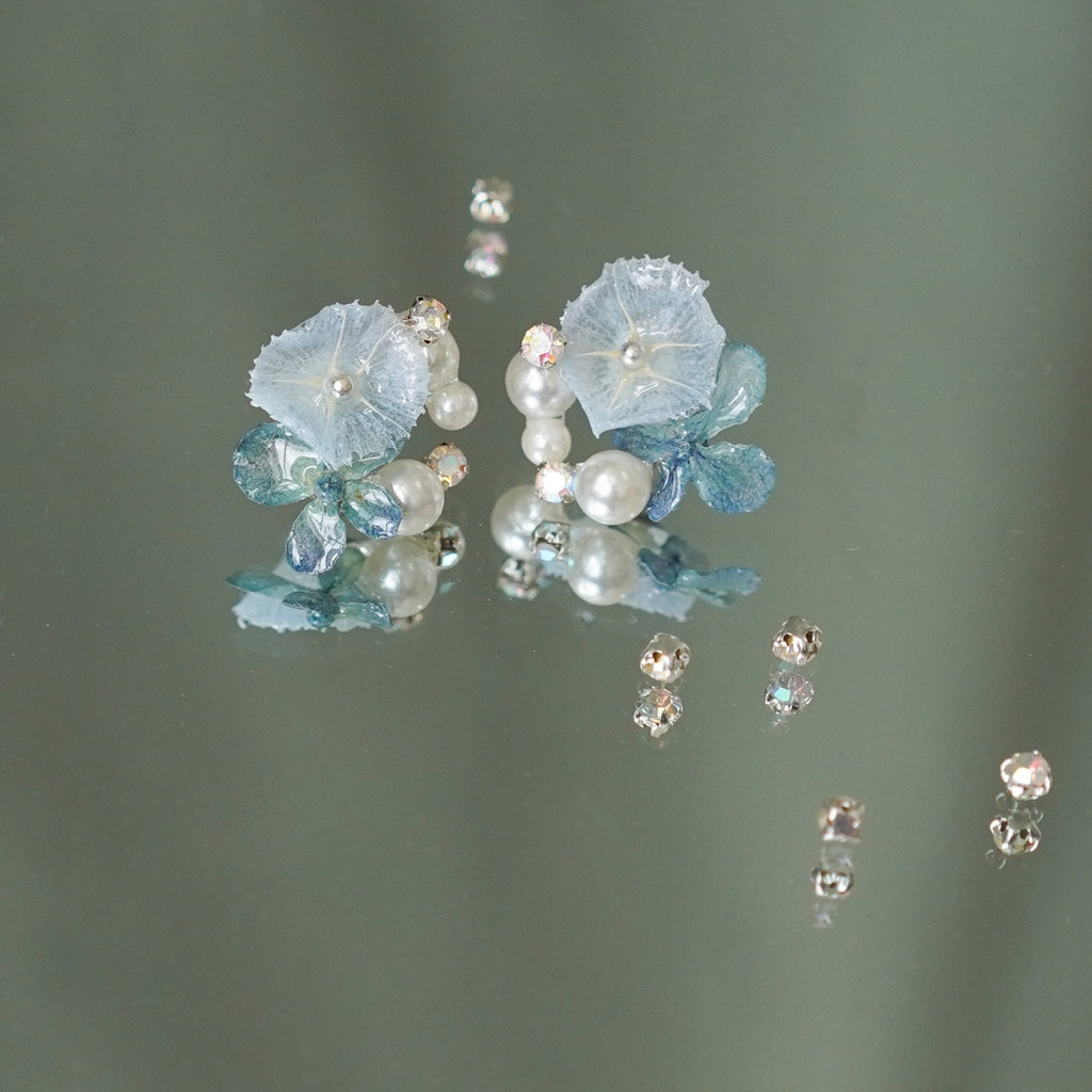 Real Blue Hydrangea Earrings with Pearl & Crystal Drop - "Raindrop Waltz" Botanical Jewelry