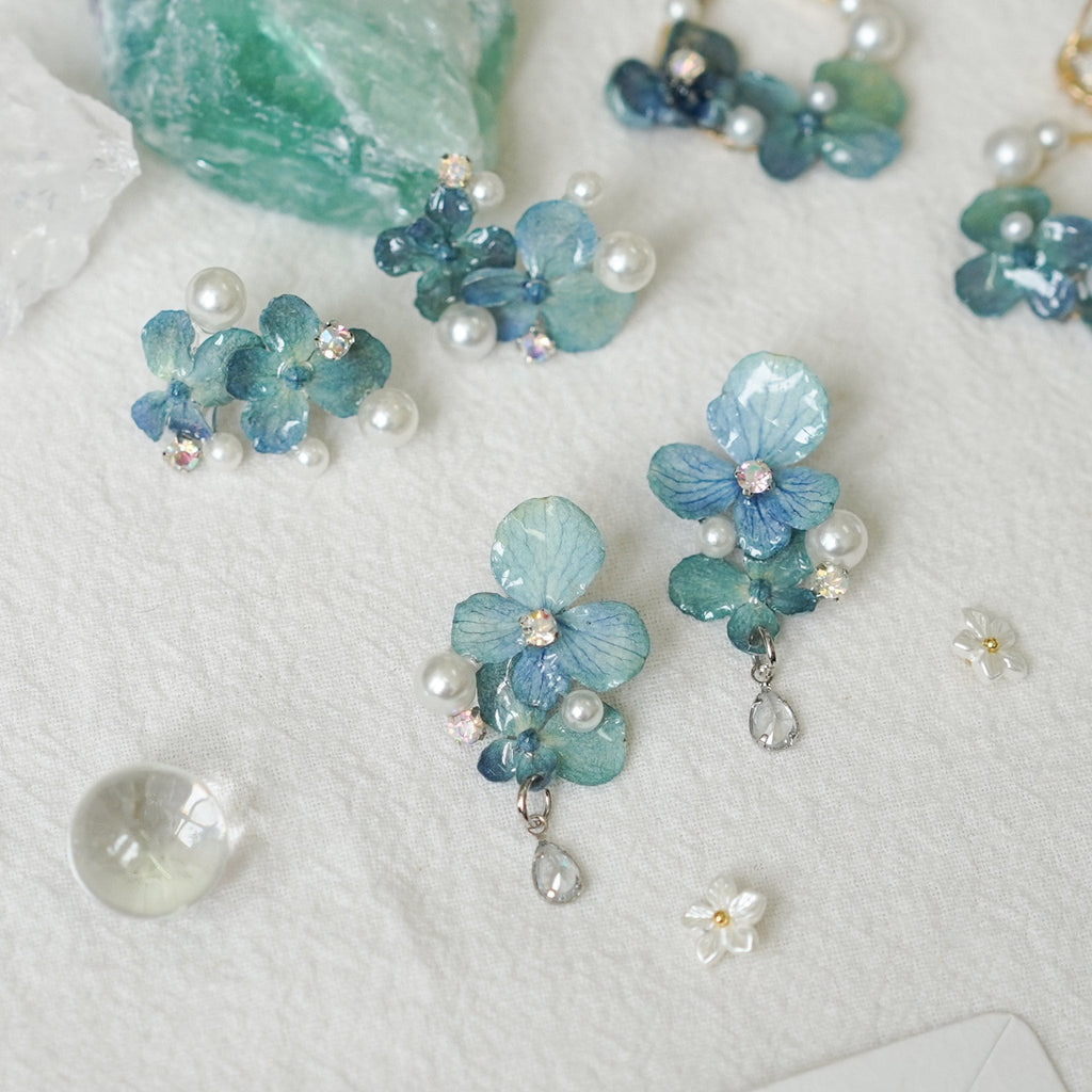 Real Blue Hydrangea Earrings with Pearl & Crystal Drop - "Raindrop Waltz" Botanical Jewelry