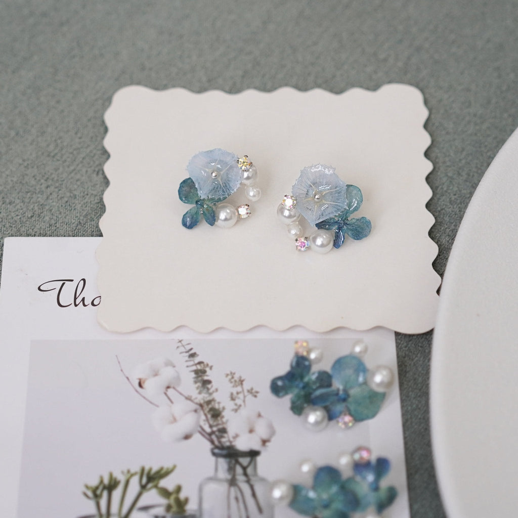 Real Blue Hydrangea Earrings with Pearl & Crystal Drop - "Raindrop Waltz" Botanical Jewelry