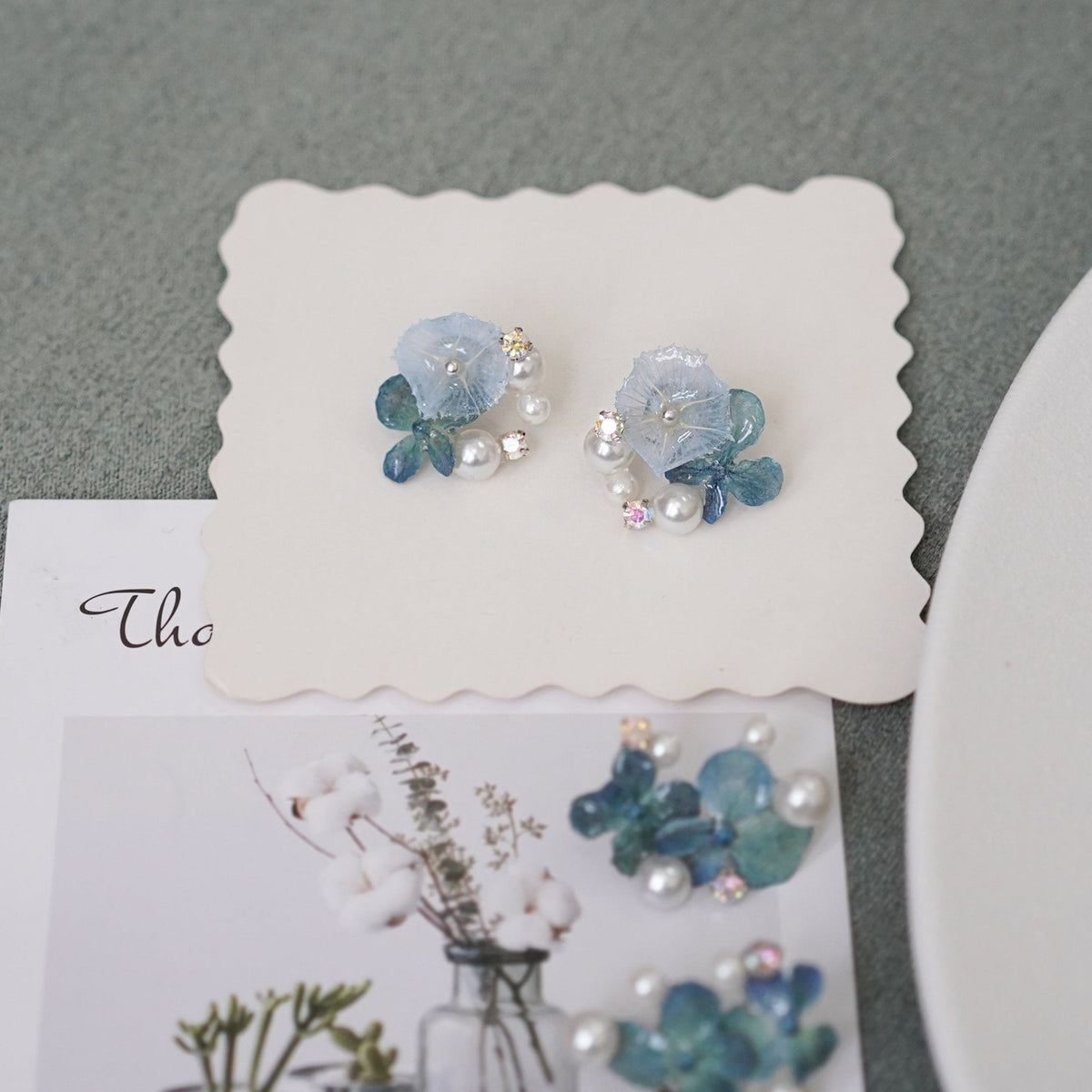 Real Blue Hydrangea Earrings with Pearl & Crystal Drop - "Raindrop Waltz" Botanical Jewelry