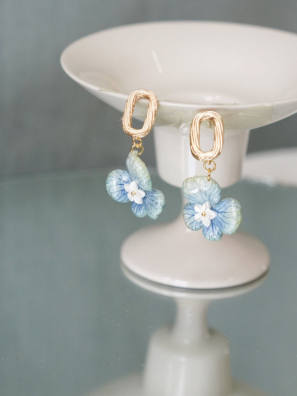 Real Blue Hydrangea Earrings with Pearl & Crystal Drop - "Raindrop Waltz" Botanical Jewelry