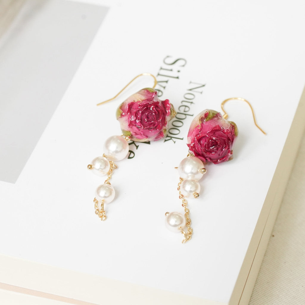 Real Rose Earrings with Pearl Chain - Red Bud & Purple Bloom | Preserved Flower Jewelry
