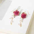 Real Rose Earrings with Pearl Chain - Red Bud & Purple Bloom | Preserved Flower Jewelry