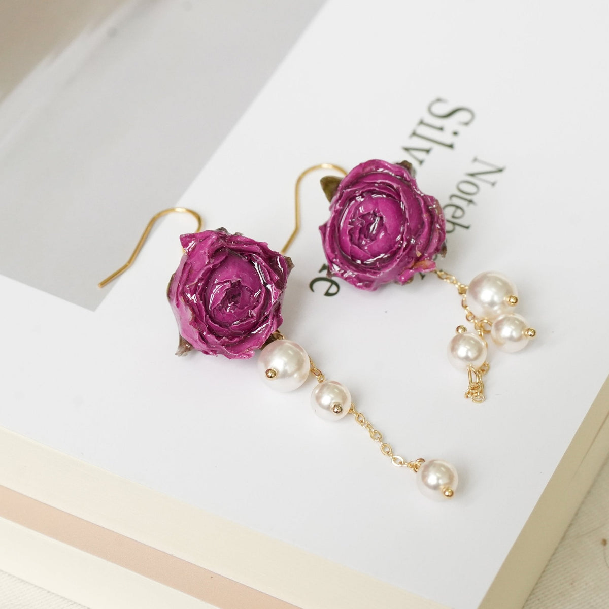 Real Rose Earrings with Pearl Chain - Red Bud & Purple Bloom | Preserved Flower Jewelry