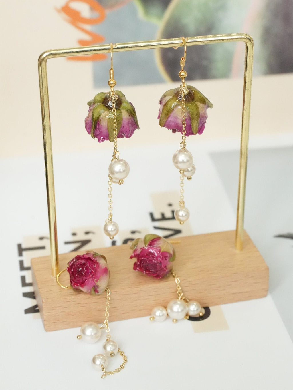Real Rose Earrings with Pearl Chain - Red Bud & Purple Bloom | Preserved Flower Jewelry