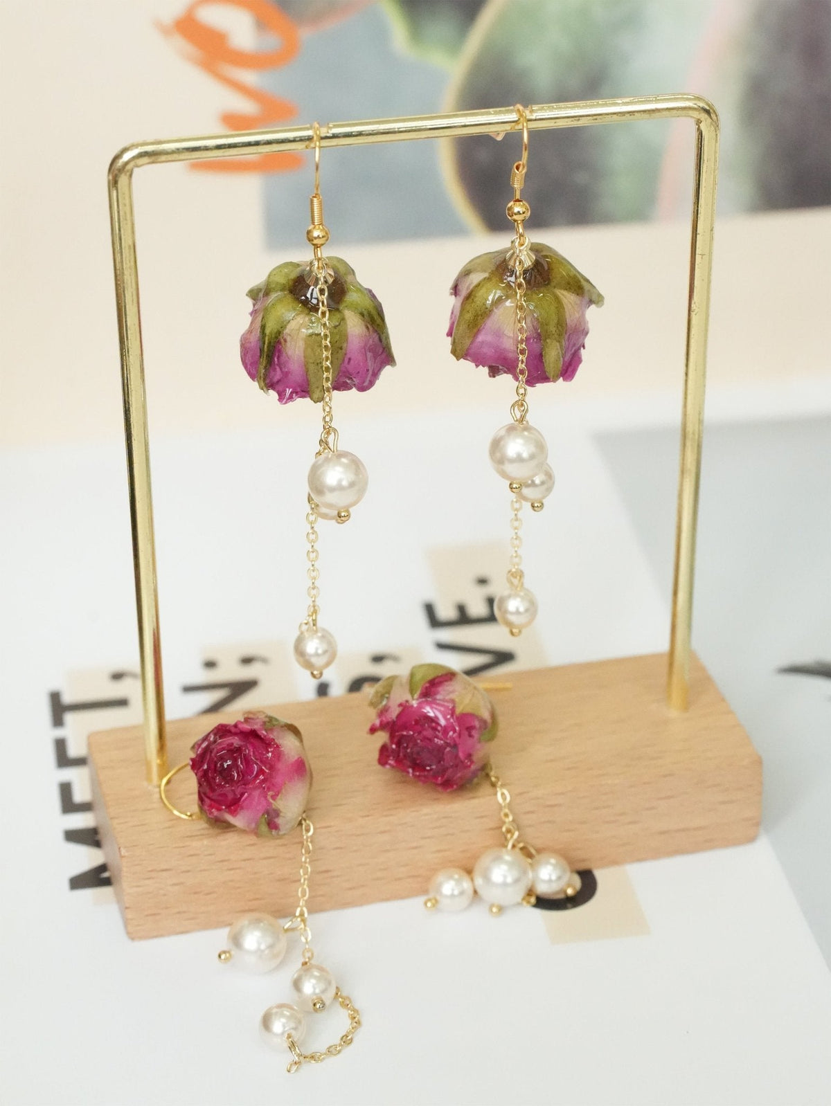 Real Rose Earrings with Pearl Chain - Red Bud & Purple Bloom | Preserved Flower Jewelry