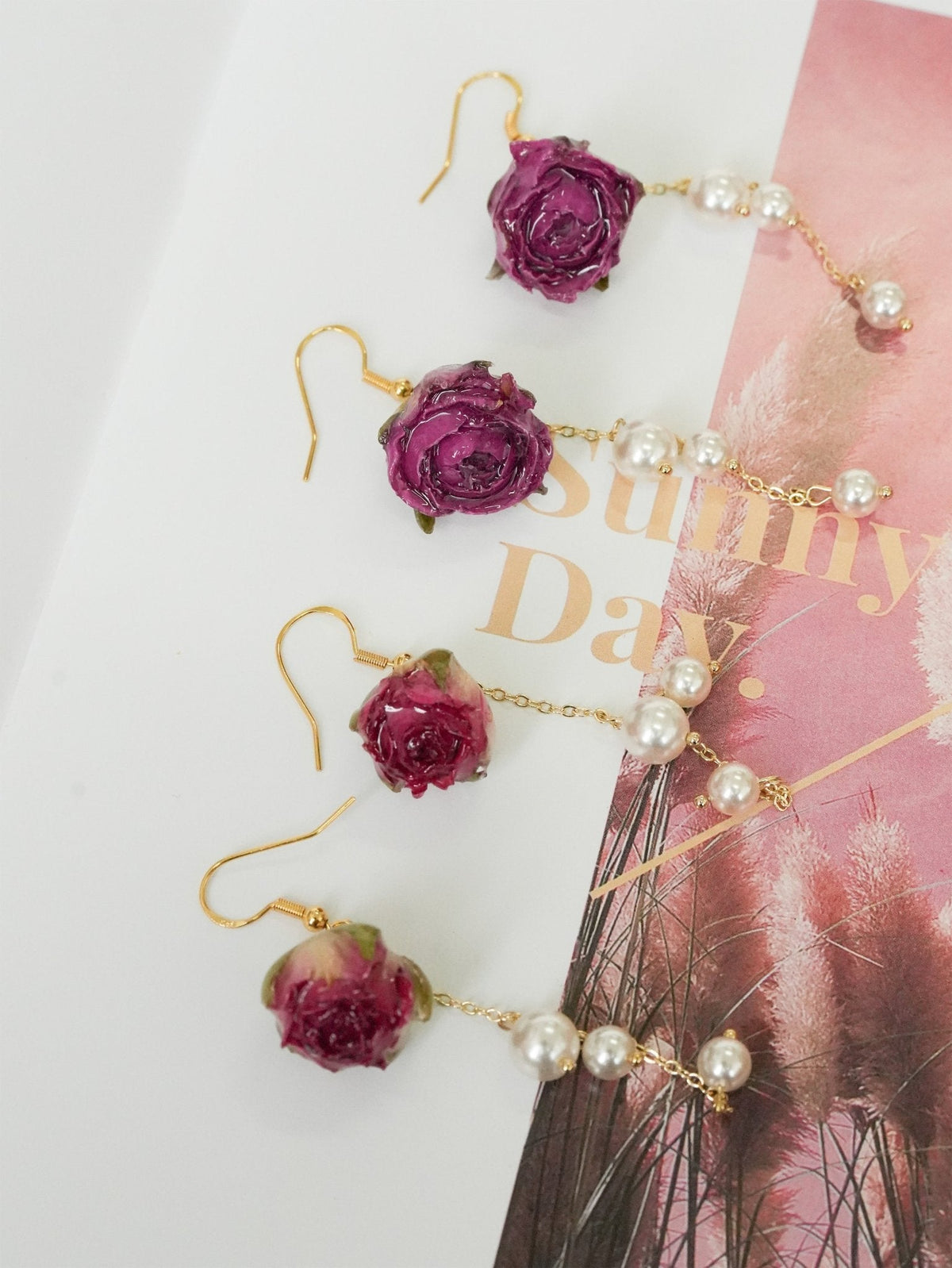 Real Rose Earrings with Pearl Chain - Red Bud & Purple Bloom | Preserved Flower Jewelry