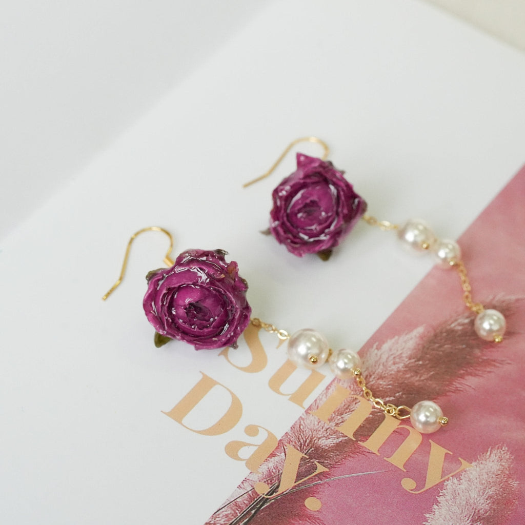 Real Rose Earrings with Pearl Chain - Red Bud & Purple Bloom | Preserved Flower Jewelry