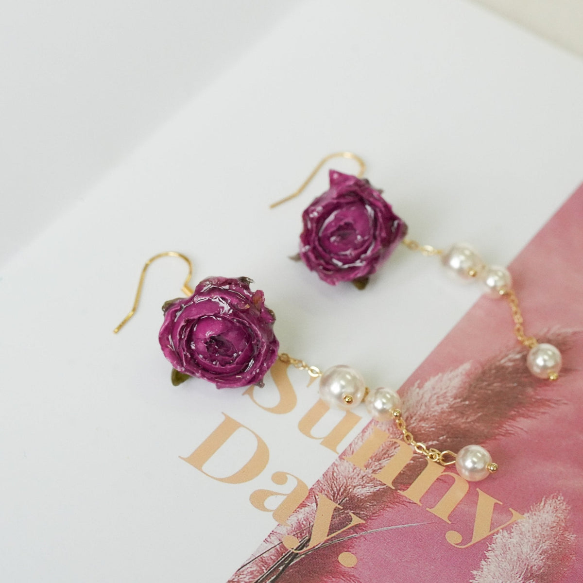 Real Rose Earrings with Pearl Chain - Red Bud & Purple Bloom | Preserved Flower Jewelry